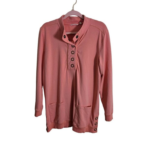 Soft Surroundings Lakshmi Peach Cotton Blend Tunic Top Large Snaps PocketsSize M - Picture 2 of 9